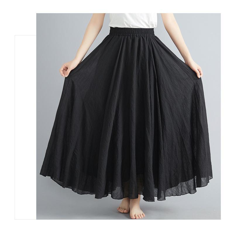 Mori Girl Plus Size Cotton Linen Midi Skirt - Elastic Waist, A-line, Solid Color, Ethnic Style, Long Length