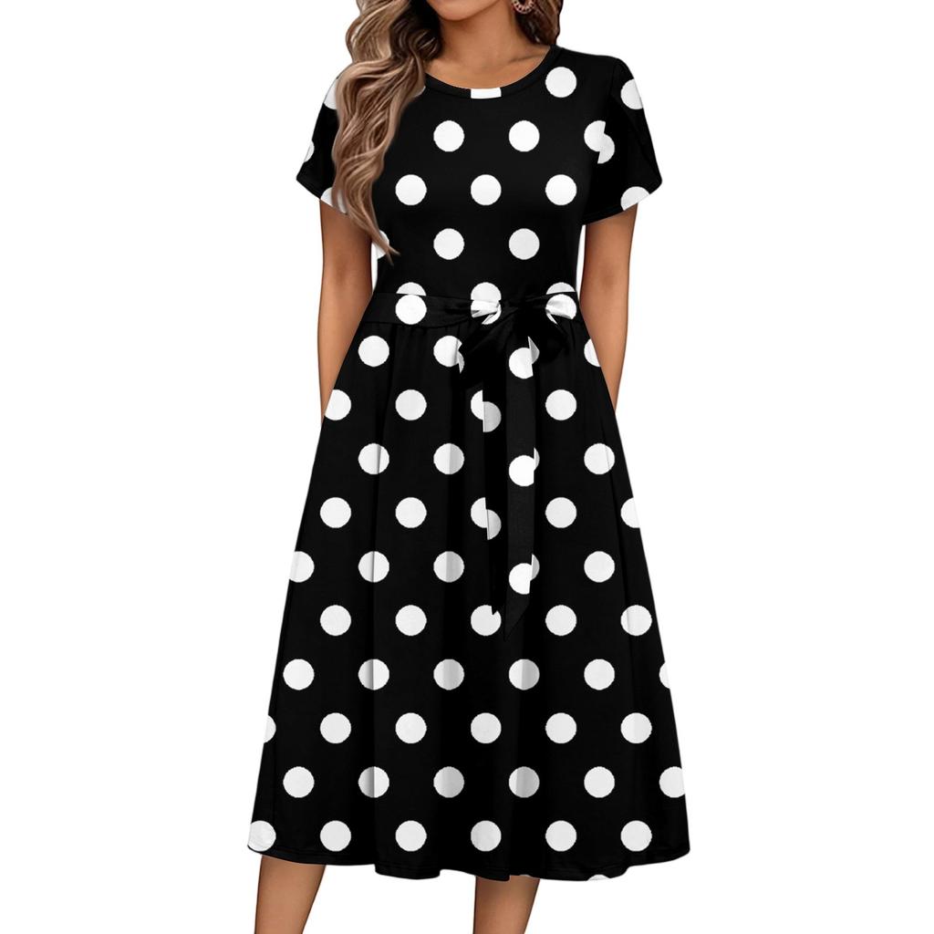 Women's Casual Cute Pattern Print Round Neck Midi Dress Basic Classic Outdoor Everyday Short Sleeve Loose Dress