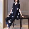 Plus Size Women Clothing Stretch Loose Pleated 2PCS Set Summer Polka Dot Round Neck Short Sleeve Top + Pencil Pants