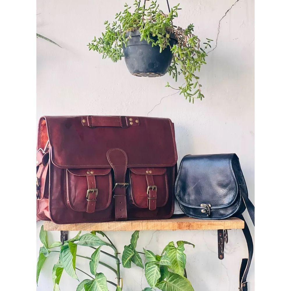 Новая сумка-мессенджер из козьей кожи через плечо, коричневая сумка ручной работы из козьей кожи ( Бесплатная черная сумка-слинг, размер - 9 x 7 x 3 дюйма )