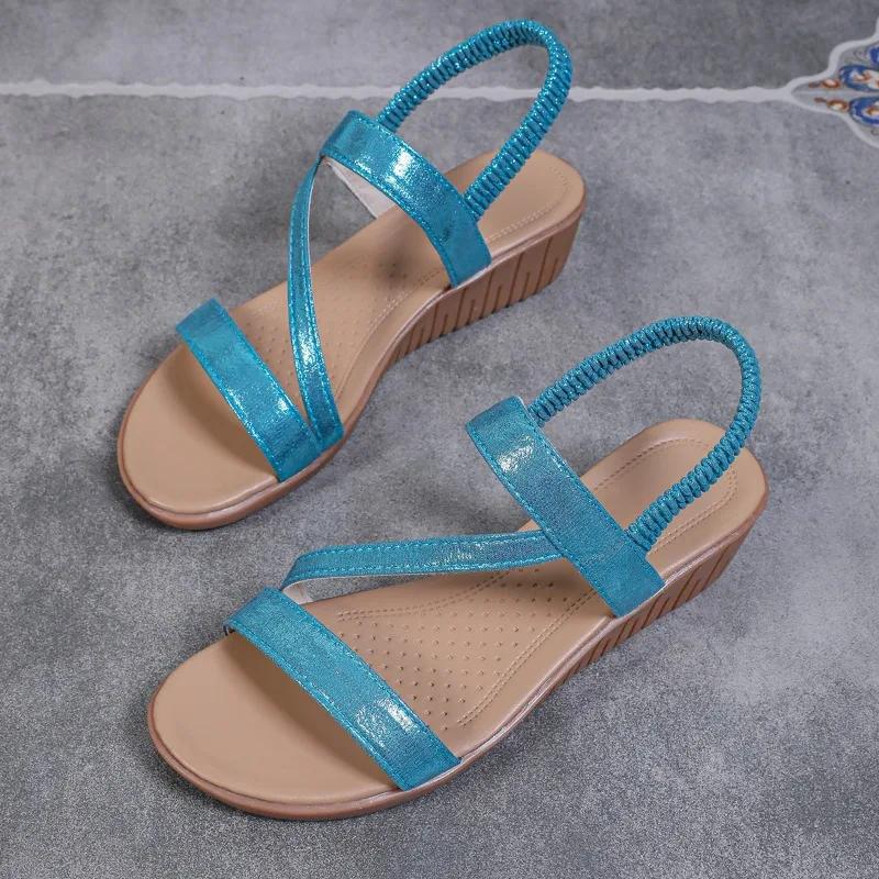 2024 Высококачественная обувь для женщин, женские сандалии с эластичной резинкой, летние повседневные сандалии, женские босоножки на танкетке с открытым носком, большие размеры, женская обувь