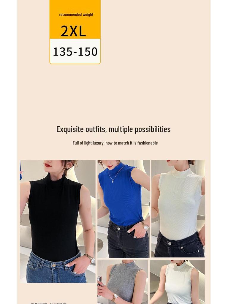 Женский облегающий хлопковый жилет без рукавов с полувысоким воротником - Летний топ однотонной расцветки