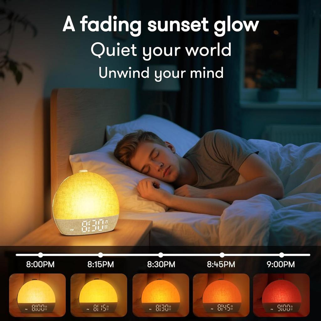Wake Up Light Dimmable Night Light White Noise Sound Machine with 30 Soothing Sounds Sunrise Alarm Clock for Heavy Sleepers Gift