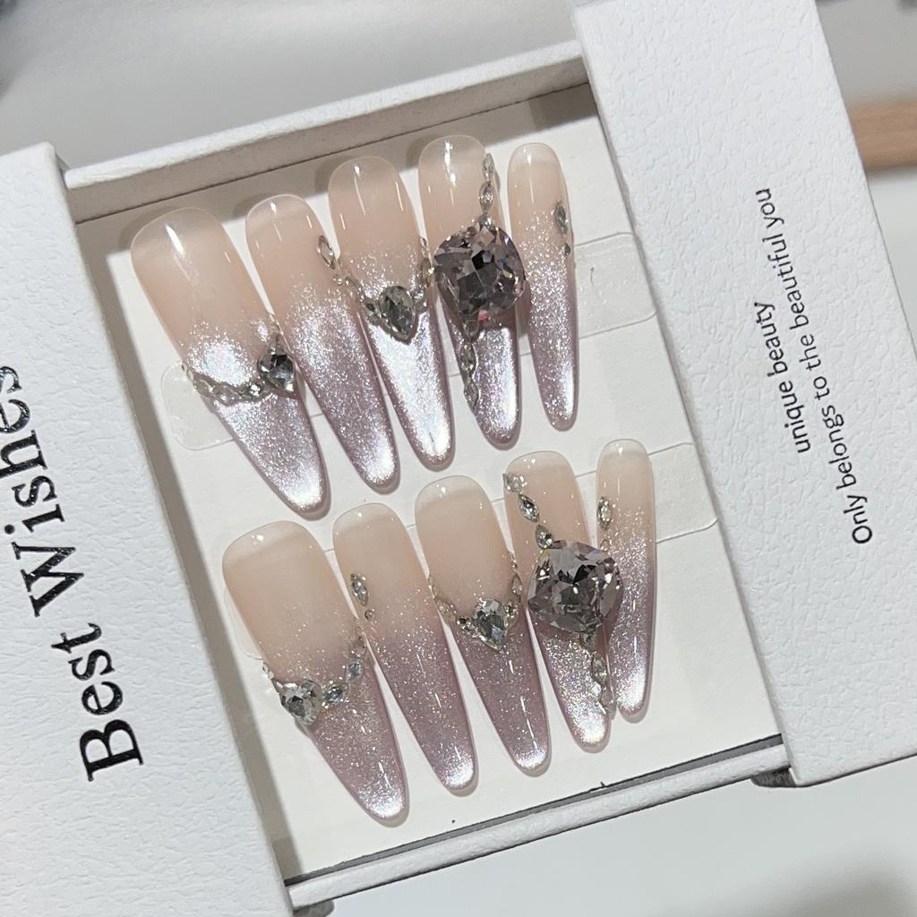 Long Cat Eye Wear Armor Handmade Purple Romantic Flash Diamond Manicure Nude Fake Nail Removable Nails