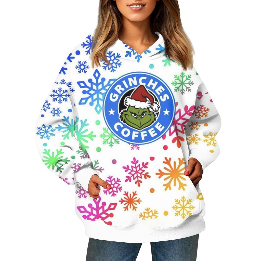 Женский модный свитер с длинными рукавами и рождественским принтом, с капюшоном и карманом