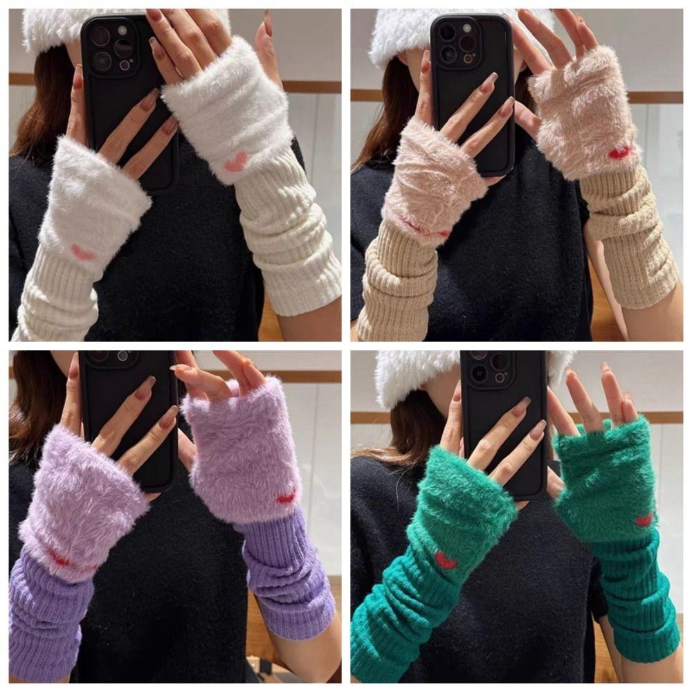 Korean Style Mink Fleece Half Finger Gloves Solid Color Y2k Winter Mittens Women