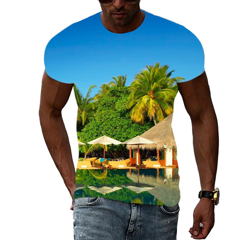 Летние удобные мужские футболки с принтом природного пейзажа, модные футболки с графическим принтом пейзажа, футболки с коротким рукавом и рисунком пляжа и моря, топы