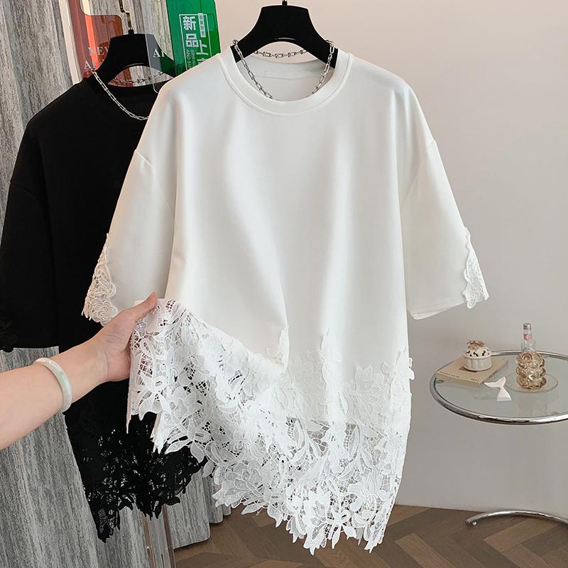 DIMANAF 2025 Женская летняя свободная футболка больших размеров с короткими рукавами, хлопковая, винтажные кружевные топы, футболки однотонные