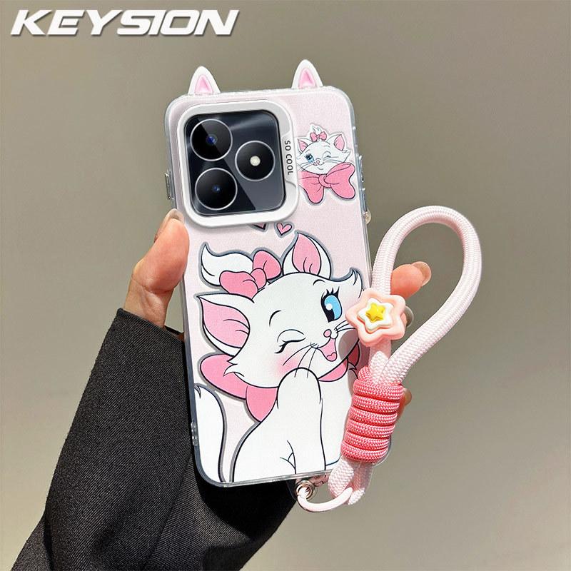 KEYSION Милый мультяшный чехол с ушками для Realme C53 C51 со шнурком Мягкий силикон+ПК Противоударный чехол для телефона для OPPO Realme Note 50