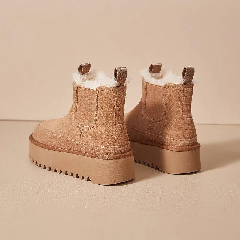 Thick-soled Snow Boots Women's 2024 Winter New Leather Heightened Cowhide Integrated Wool Thickened Warm Cotton Shoes