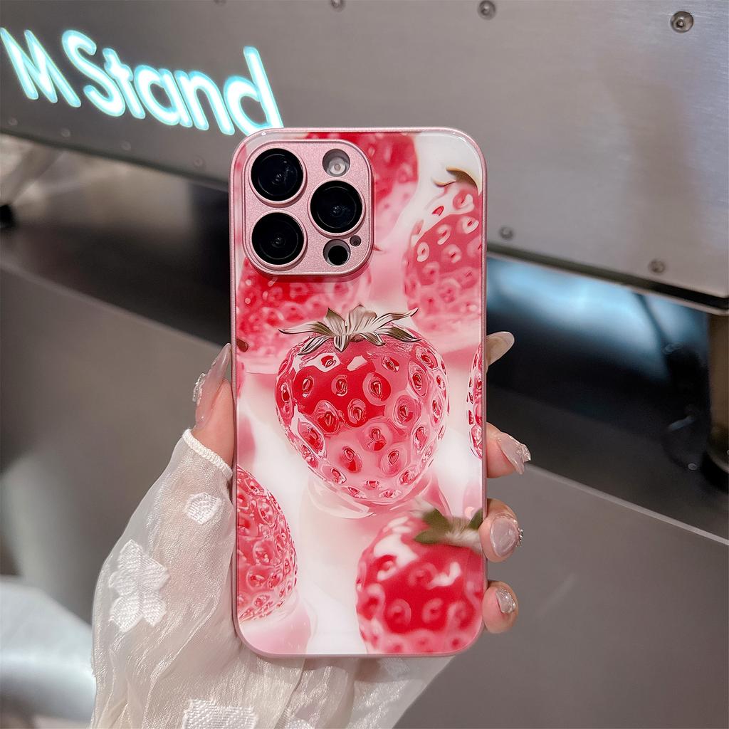 For iPhone 15 Pro Case Mirror Painted Fruit Pattern TPU+Acrylic Phone Cover