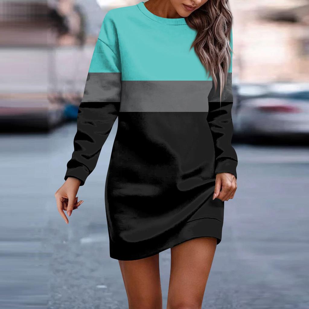 Women's Round Neck Striped Patchwork Printed Long Sleeve Hip Dress Sweatshirt Dresses