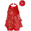 Kids Dance Leotard Halter Neck with Shiny Sequins Ruffles for Jazz Latin Performance Costume