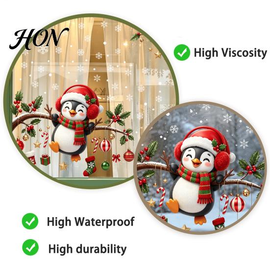 Reusable Christmas Wall Decals Static Window Cling, Penguin Decal with Holly Baubles Snowflakes, Non Adhesive Film Festive Decor for Home Living Room
