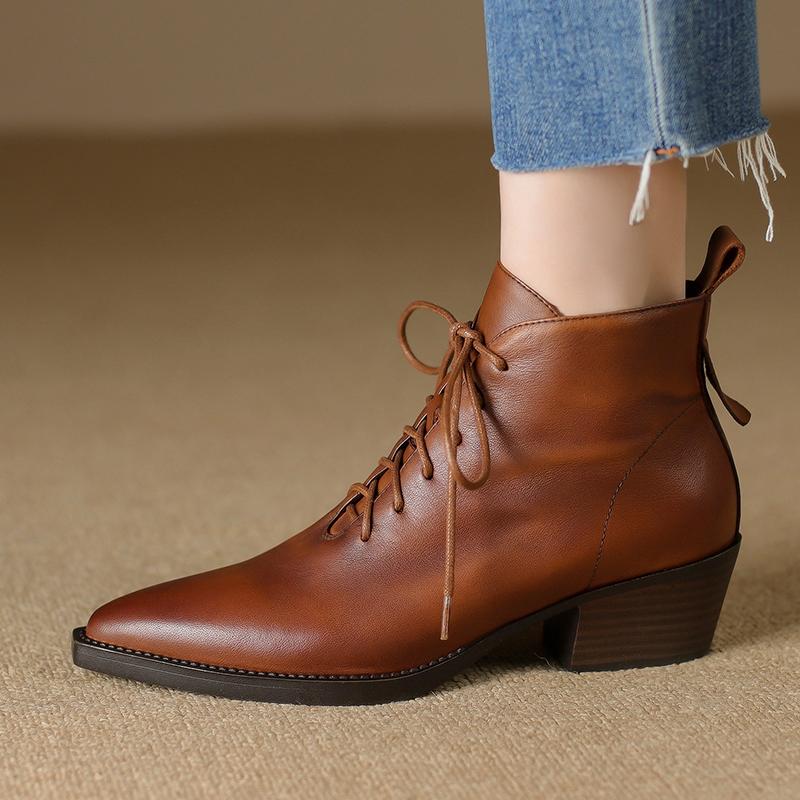 Women Boots Genuine Leather Women's Ankle Boots Zipper Lace Up Pointed Toe Block Heel Western Boots Autumn Winter Womens Shoes