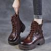 Женские полусапоги 6 см 2024 Осень Зима Качественная Натуральная Кожа Толстый Высокий Каблук Платформа Широкий Носок Шнуровка Ретро Сапоги