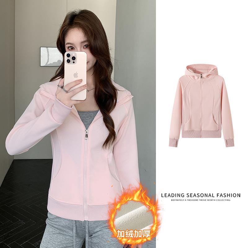 Korean-style pocketed hooded zip-up sweatshirt for women, spring and autumn, long-sleeved, slim-fit, waist-cinching, high-end, fleece-lined jacket