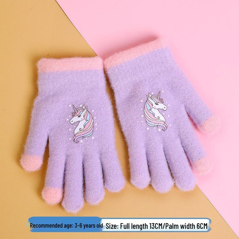 Kids' Winter Cartoon Plush Five-Finger Gloves - Warm, Anti-Freeze, for Boys & Girls, Medium To Large