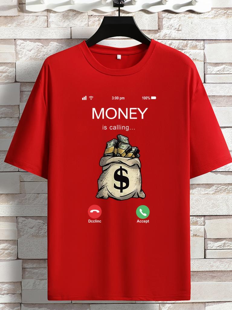 Unisexs Money Is Calling Graphic T Shirt Dollar Money Bag Incoming Call Screen Print Short Sleeve Crew Neck Casual Cotton Male Tee