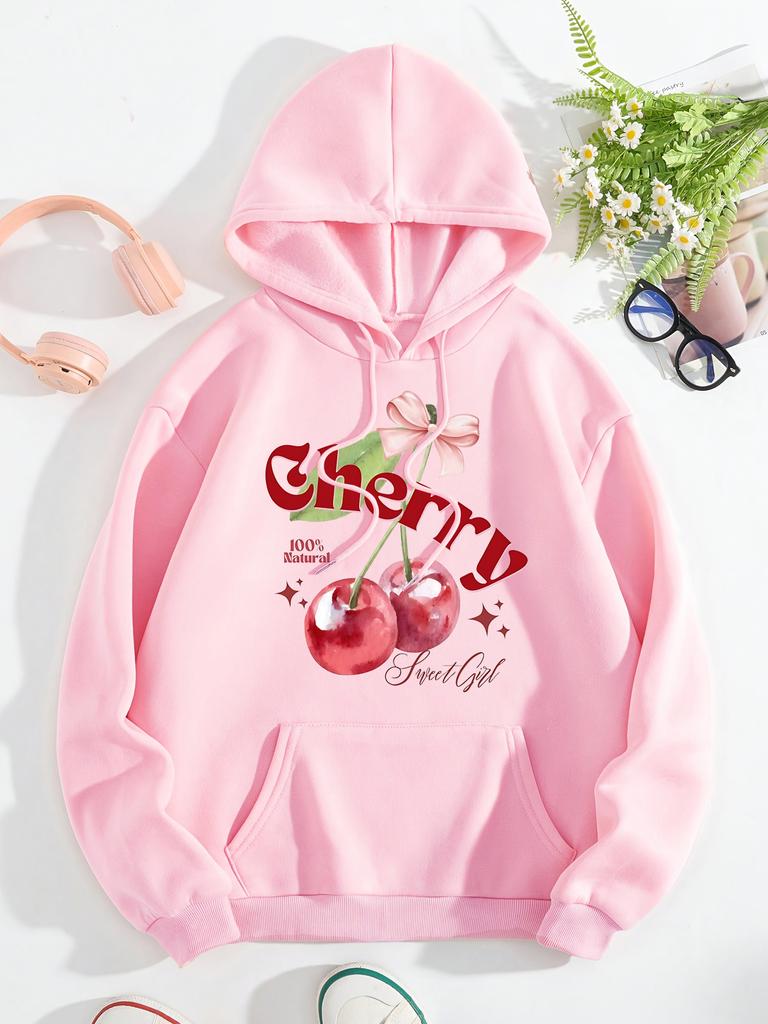 100% Натуральная Вишня Печать Фруктов Женская Худи Карман Y2K Худи Хип-Хоп Свободный Пуловер Повседневная Флис Удобная Одежда