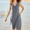Женское платье, чистый цвет, короткие рукава, хлопчатобумажная льняная юбка с U-образным вырезом, без рукавов, карман