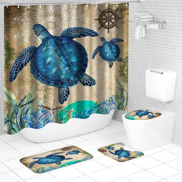 Наборы занавесок для душа с морской черепахой, водонепроницаемые, с морским океаном, винтажные занавески для ванной с животными, занавески для ванной, коврики для ванной, ковер, крышка для унитаза