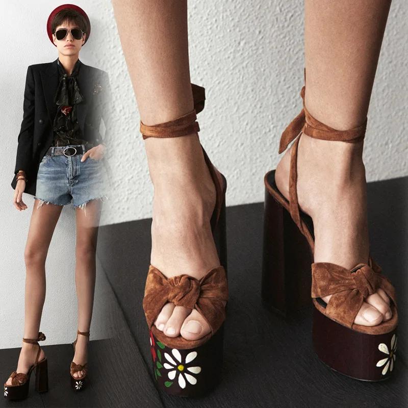 Модные босоножки на высоком каблуке с толстой платформой, женские летние босоножки с рыбьим ртом, женские туфли на высоком каблуке с бантом и ремешком на щиколотке для косплея