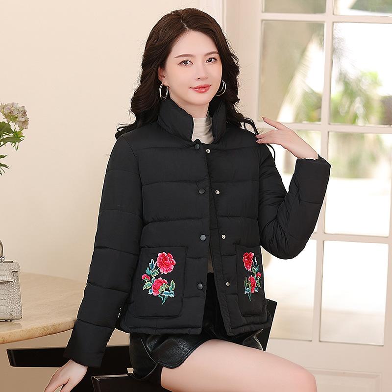 Retro literature and art winter new down cotton clothes appropriation women's ethnic style embroidery short stand-up collar loose thick coat
