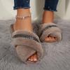 Fashion Fashion Glitter Cross Strap Faux Fur Slides Women 2025 Winter Warm Short Plush Slippers Comfort Non Slip Indoor Furry Slippers