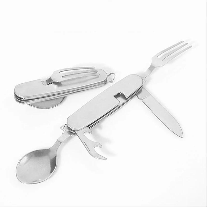 4 In 1 Outdoor Camping Tableware Folding Spoon Fork Knife Opener Stainless Steel Portable Pocket Sets for Hiking Travel Survival
