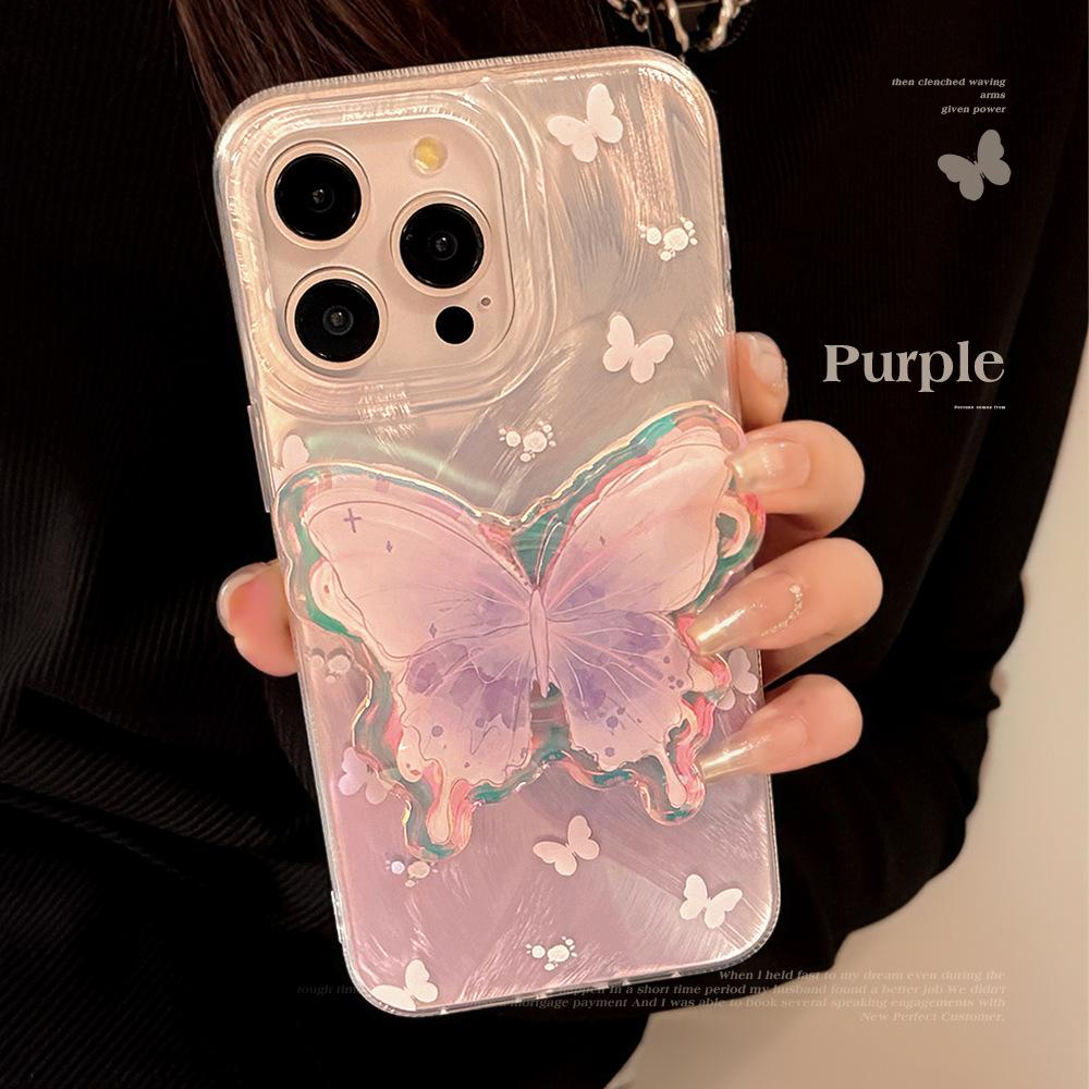 Светло-лиловая Бабочка Яблоко Совместимый с iPhone 17 Pro Max Чехол для телефона iPhone 16, 15 Перьевая Газа Элегантный Стиль, 14 Подставка, 13 Красивый Чехол для телефона