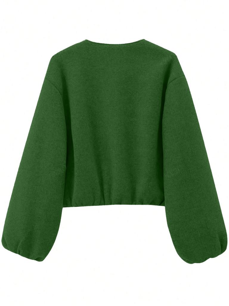 Women's Autumn/Winter Bomber Jacket - Round Neck, Drop Shoulder, Lantern Sleeve, Street Style Zip Cardigan