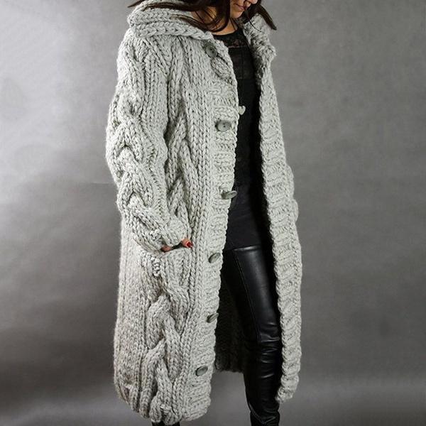 Women's Autumn Winter Long Sleeve Knitted Cardigan Coat Casual Streetwear Hooded Sweater Coat