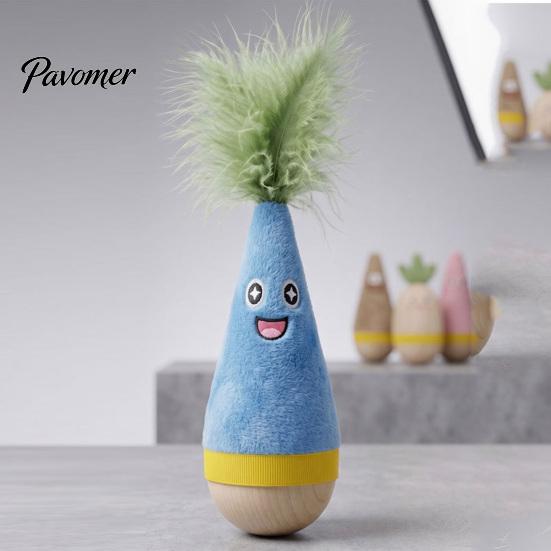 Interactive Exercise Toy for Kittens Wooden Wobble Cat Toy, Self-Righting Tumbler with Feather Indoor Cats, Plush Stable Pets Punching Bag Solid Wood