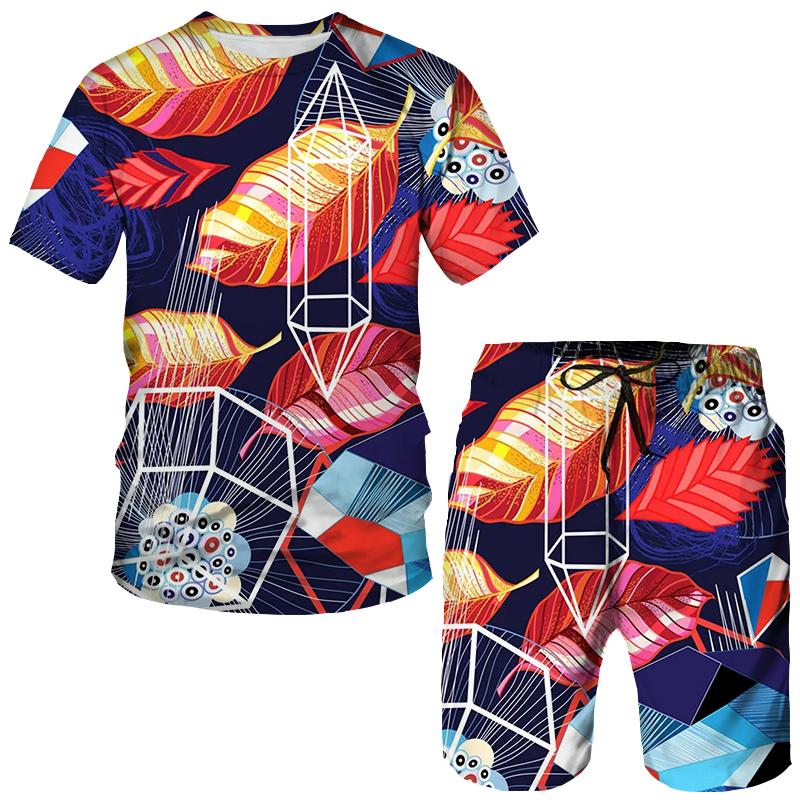 Летние разноцветные листья 3D принт футболки шорты комплекты мужские спортивные костюмы свободные футболки с коротким рукавом брюки комплект костюмы одежда