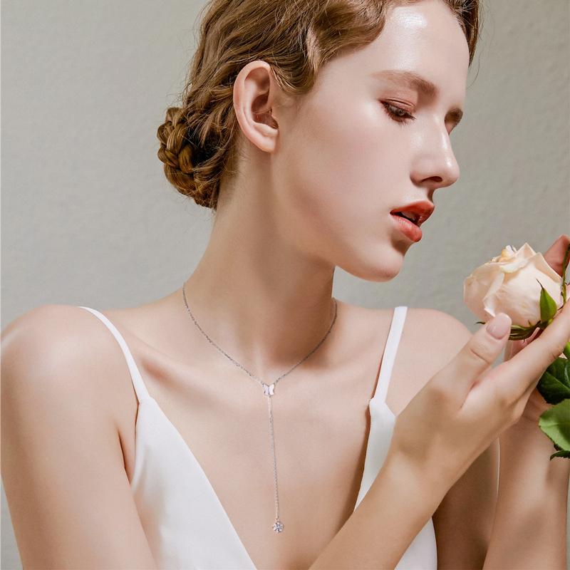 Long Chain Necklace 6.5mm 1CT D Color 925 Sterling Silver Y-shaped Moissanite Butterfly Tassel Pendant Necklace
