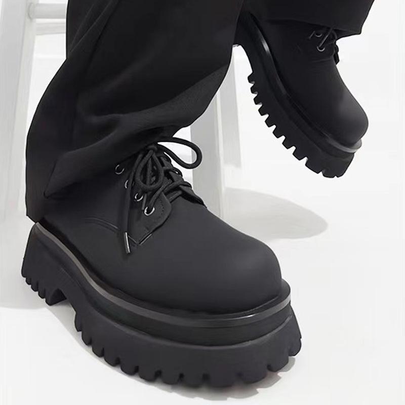 Round Toe Lace-Up Derby Shoes Women/men 2025 Spring New Casual Black Heightening Leather Shoes Platform Microfiber Leather Shoes