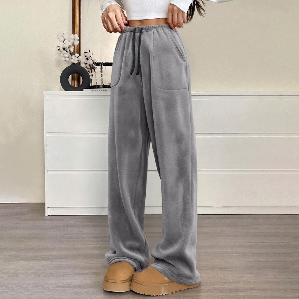 Женские пижамные штаны, плюшевые пижамные штаны, мягкая эластичная талия, пижамные штаны, однотонные штаны с 2 карманами