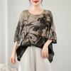 Ethnic Style Summer Cotton Linen Blouse Ethnic Style Bat Sleeve Loose Large Round Neck Comfortable T-shirt for Women