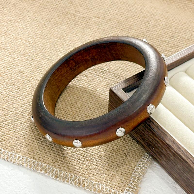 Винтажный этнический деревянный браслет для женщин, панк, геометрический, с заклепками, бусинами, широкий браслет, преувеличенное украшение для рук