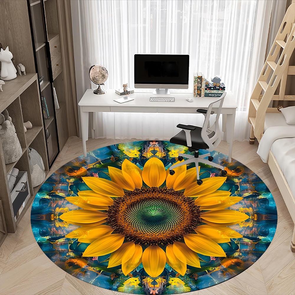 1pc Sunflower Kaleidoscope Office Round Area Rug, Indoor Mat Suitable ForOffice, Under Office Chairs Bedroom Living Room Home Decor, Room Deco D112