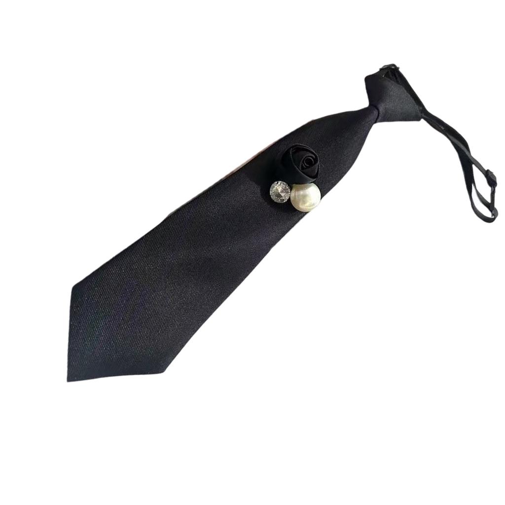 Elegant Womens Black Floral Rhinestones Pearls Pre Tied Neck Tie for Business Meetings and Weddings Adjustable Shirt Tie