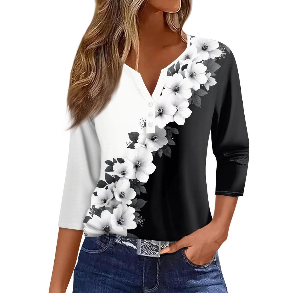 Жен. Футболка С принтом Пуговицы Рукав 3/4 Повседневные Выходные Мода Классический Классический V-образный вырез Обычный Верх