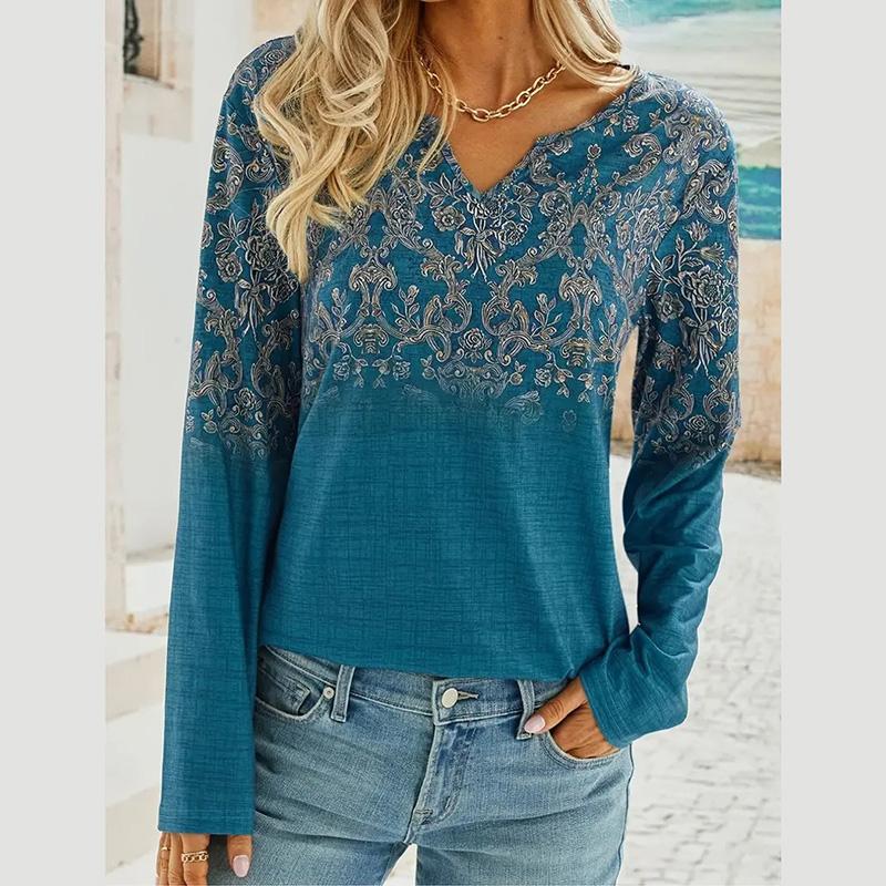 Модные женские пуловеры с длинным рукавом и V-образным вырезом, футболка, блузка, топ с цветочным принтом