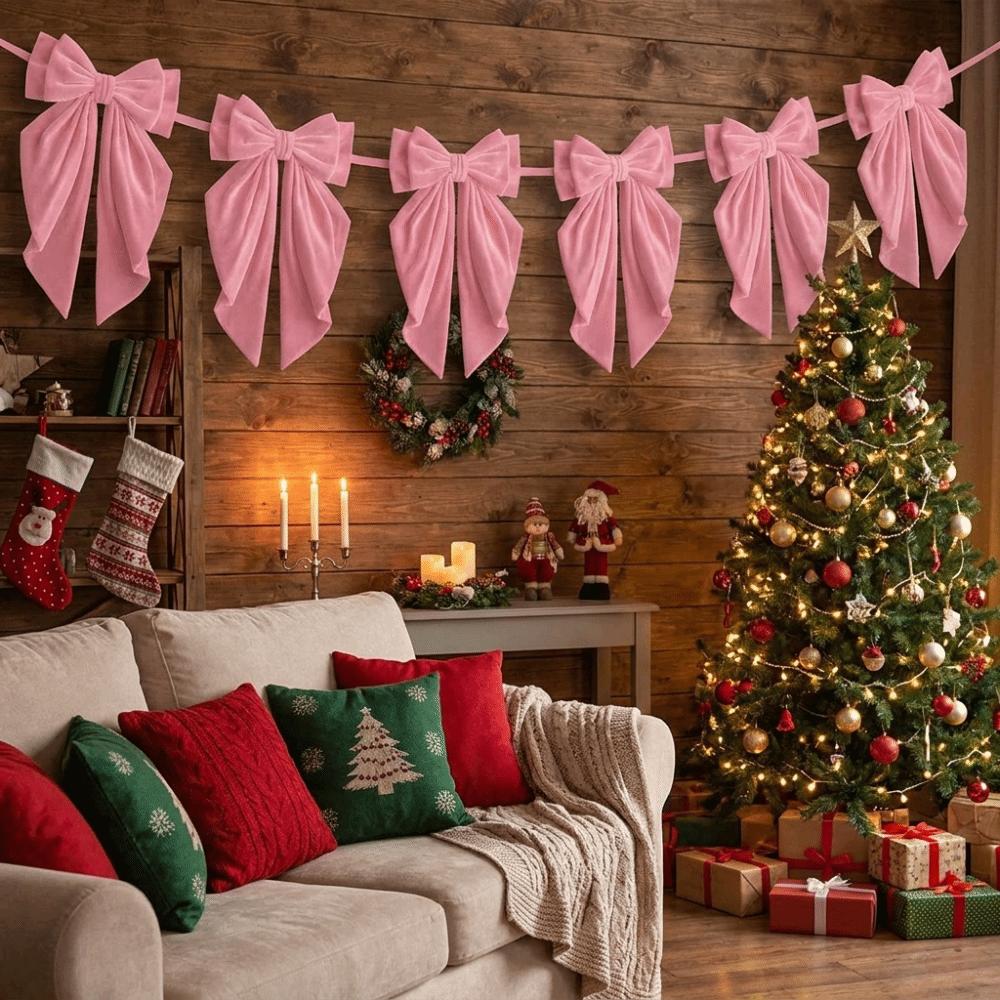 Handmade Red Bow Banner Reusable Christmas Velvet Ornament Exquisitely Bow Bunting  Party