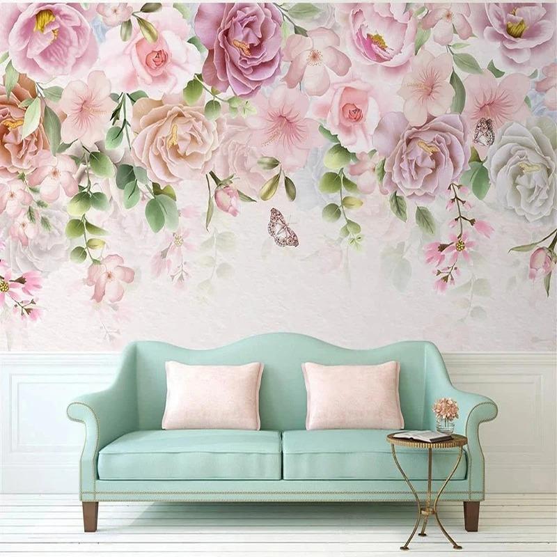 Nordic 3d Wallpaper Ручная роспись Романтические цветы Фотообои Гостиная Спальня Декор 3d Настенная живопись