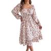 Elegant Autumn and Winter Women's Wear with Floral Prints, Square Collars, Long Sleeves, Cinched Waists and Ruffled A-line Skirts