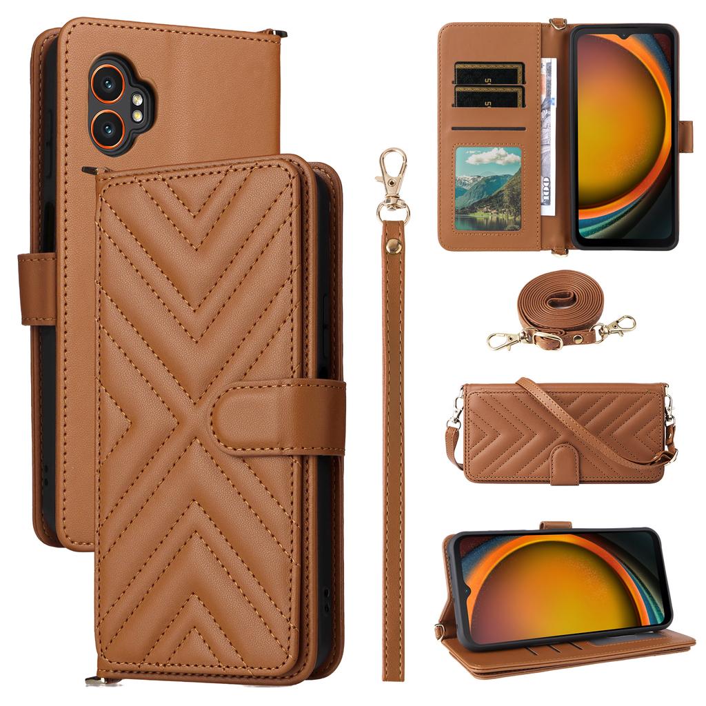 For Samsung Galaxy XCover7 Pro Wallet Case with Shoulder/Wrist Strap Leather Phone Cover Stand