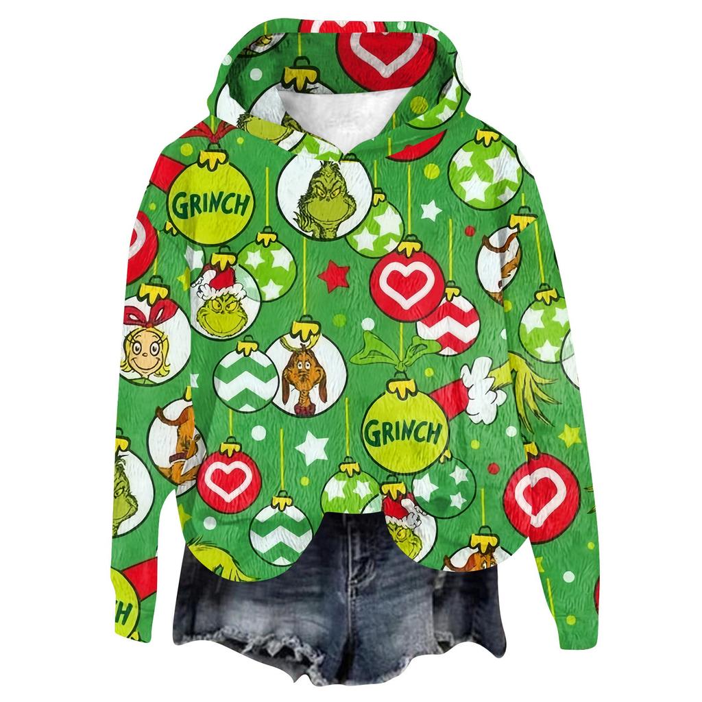 Women's Hooded Long Sleeve Christmas Printed Flannel Top Hooded Sweatshirt