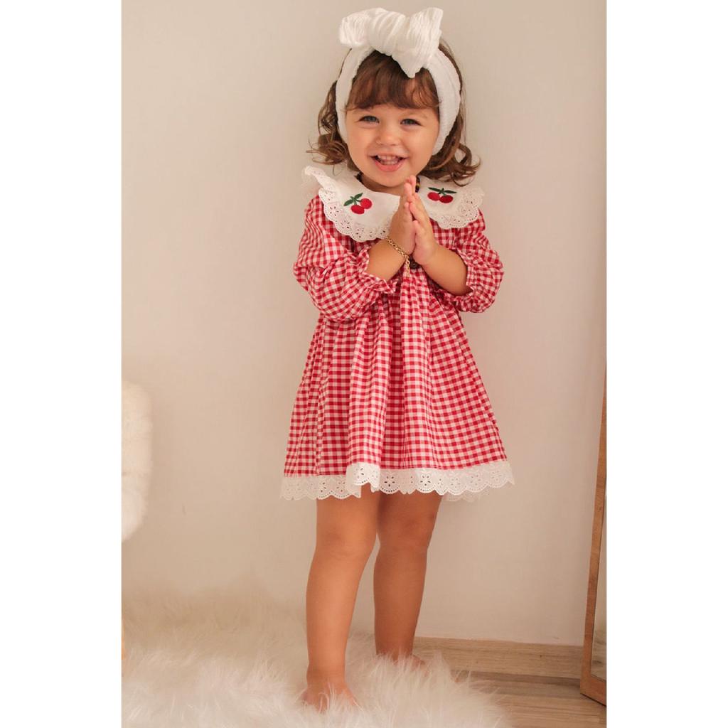 Baby Girl Red White Gingham Cherry Embroidered Ruffle Collar Dress